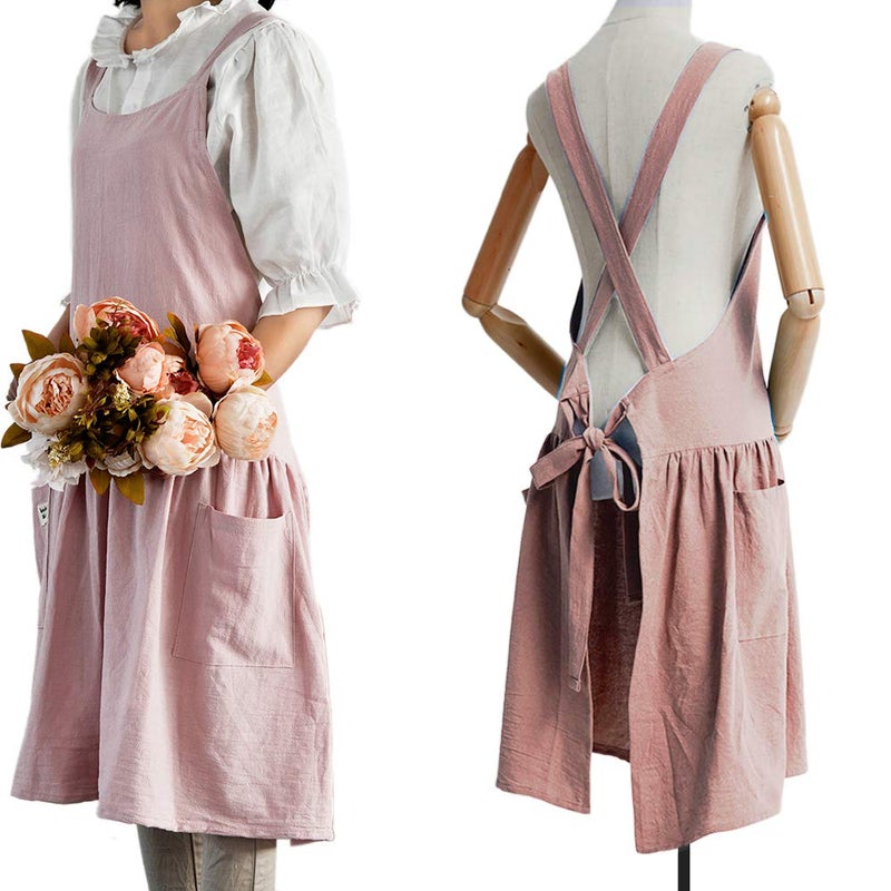 NEWGEM Cotton Linen Cross Back Apron for Women with Pockets for Baking Painting Pink with Waist Ties - Image 1